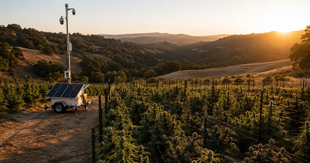 NorCal outdoor cannabis grow at golden hour with solar surveillance trailer monitoring the field