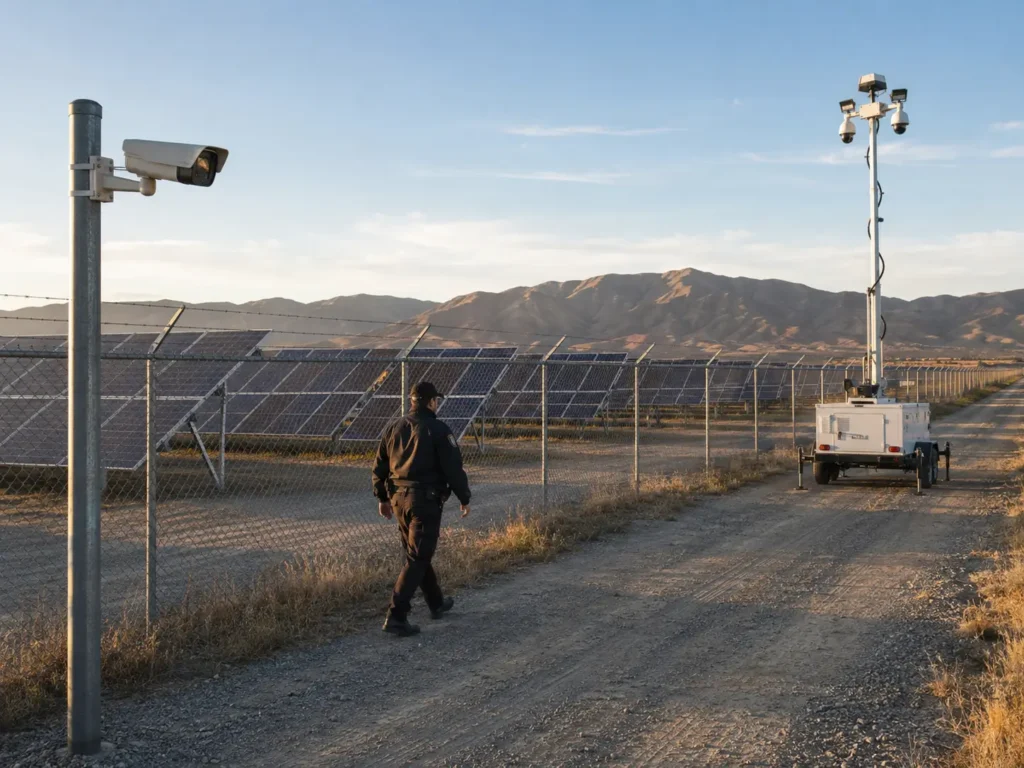 Off-grid solar-powered surveillance trailer positioned beside inverter rows and copper conductor runs on a NorCal solar site