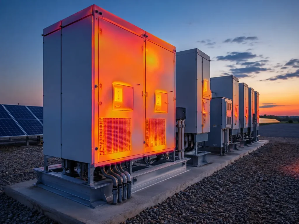 Security camera monitoring a solar farm substation pad and combiner boxes after hours