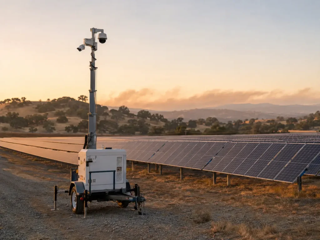 Surveillance trailer deployed along a solar farm perimeter access road for theft and wildfire monitoring