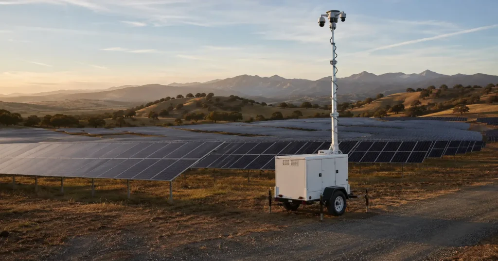Mobile solar surveillance trailer with an elevated camera mast overlooking a Northern California solar farm at sunrise