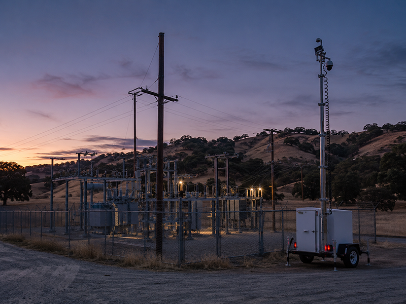 mobile surveillance trailer deployed at a rural NorCal distribution substation