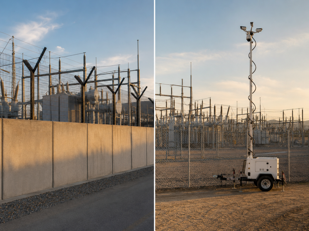 Mobile surveillance trailer deployed beside the perimeter wall of a Northern California electrical substation