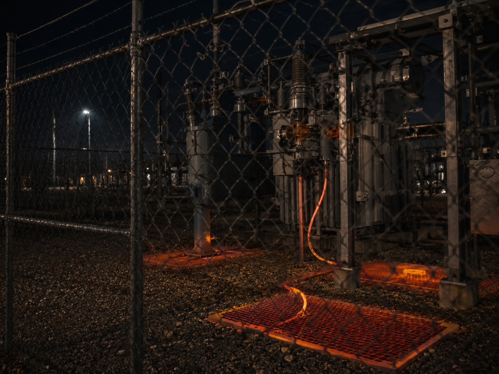 Exposed copper grounding conductors inside a Northern California substation at night, a common copper-theft target