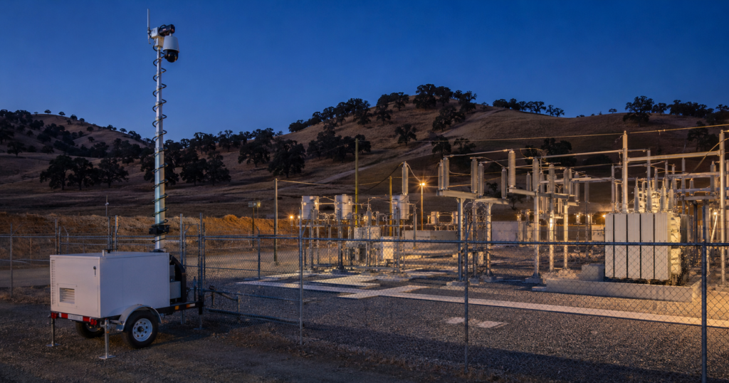 Mobile solar surveillance trailer securing the perimeter of a Northern California electrical substation at dusk