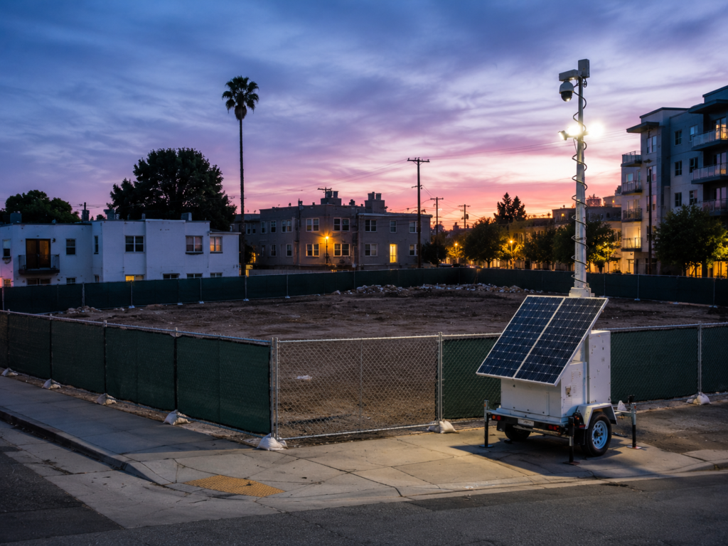 Security technician planning camera placement during a site walk at a vacant Northern California redevelopment property