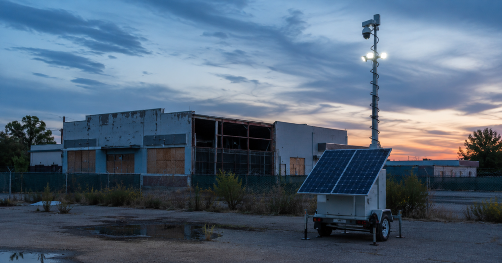 Vacant Northern California property monitored by solar surveillance trailer at dusk