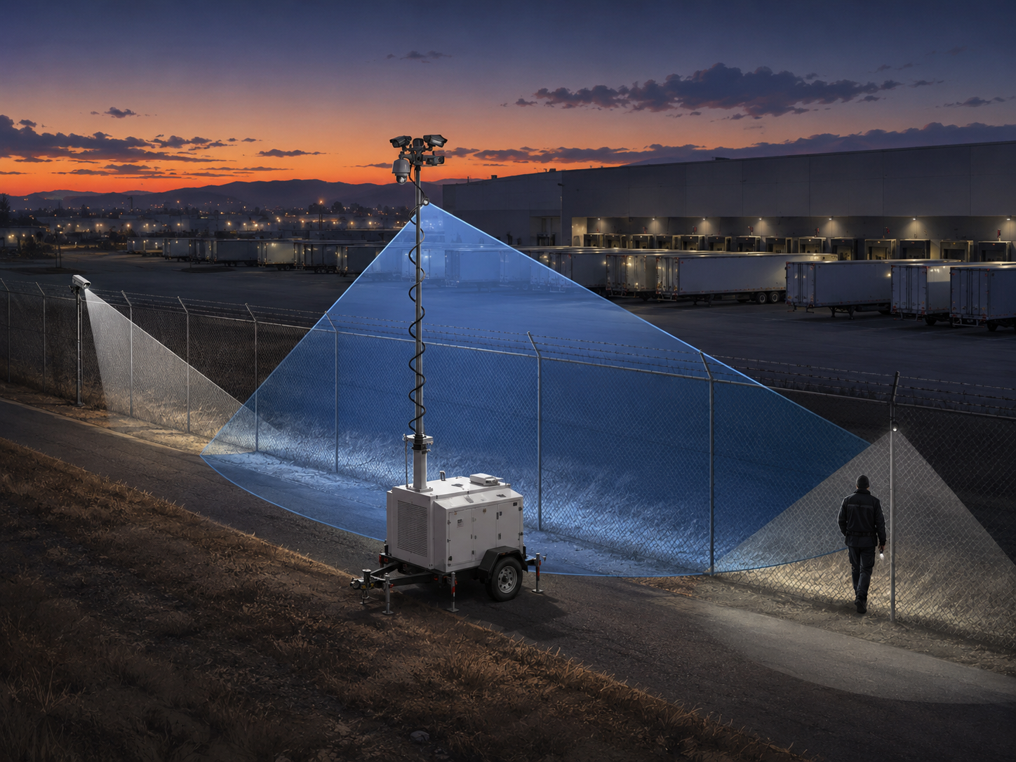 elevated mast vantage view across rows of trailers in a Bay Area warehouse yard