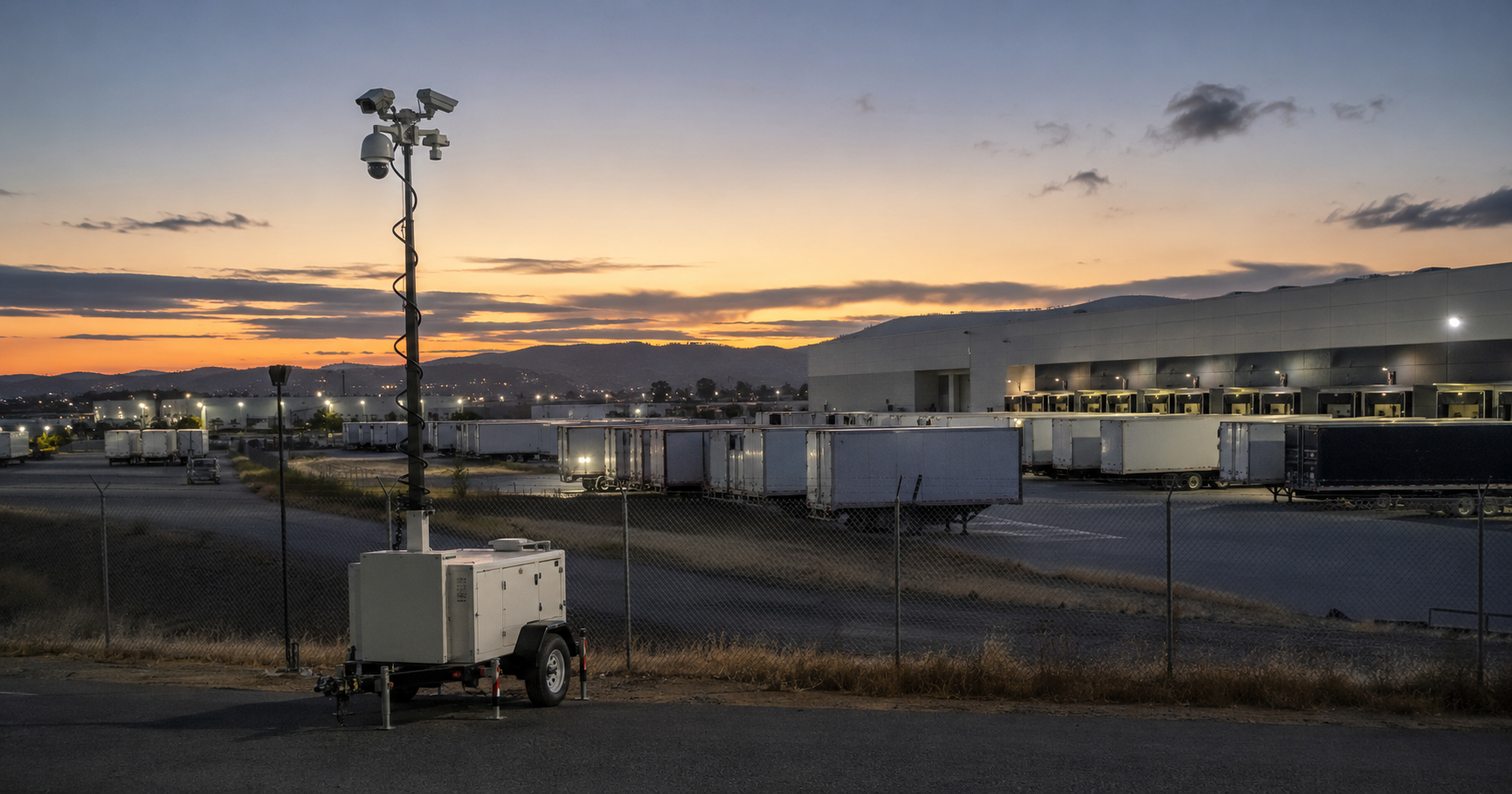 surveillance trailer monitoring an after-hours warehouse loading dock