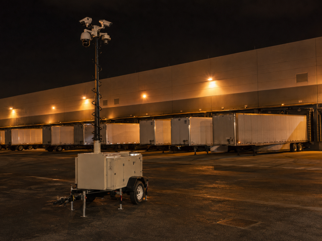 Bay Area warehouse yard with mobile surveillance trailer monitoring trailer rows at dusk