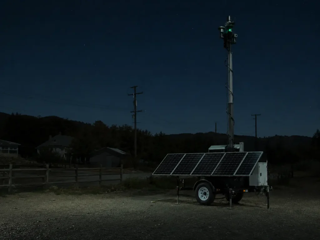 Thermal and optical cameras on a wildfire surveillance trailer scanning a fire-prone NorCal property