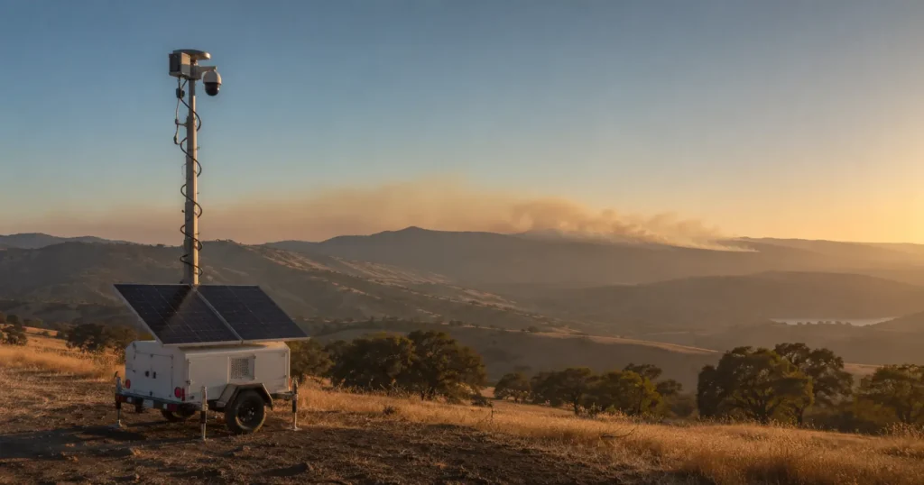 NorCal solar surveillance trailer on a hillside with smoke visible on a distant ridge at golden hour