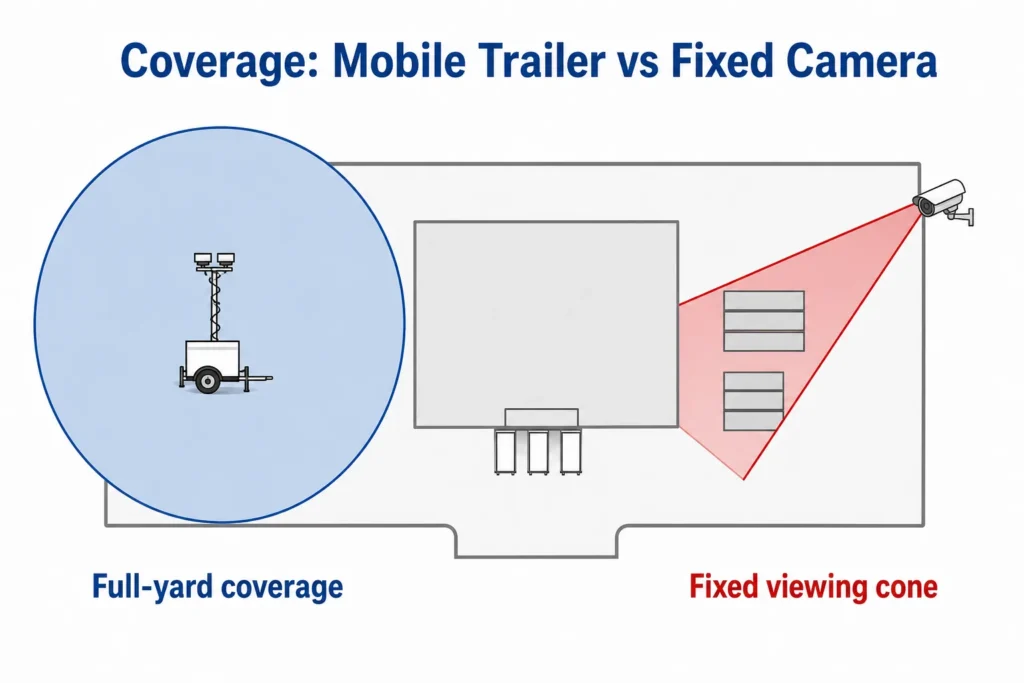 Diagram comparing site coverage: a mobile surveillance trailer's full-yard coverage circle versus a fixed camera's narrow fixed viewing cone.