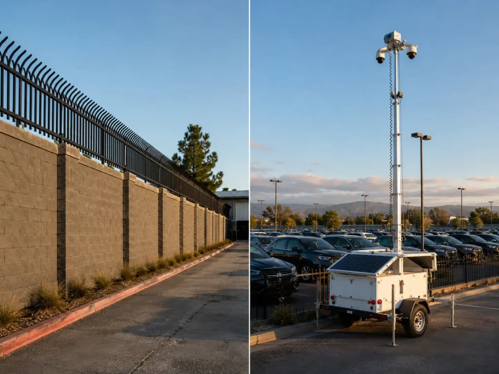 Mobile surveillance trailer monitoring rows of vehicle inventory at a Northern California car dealership lot.