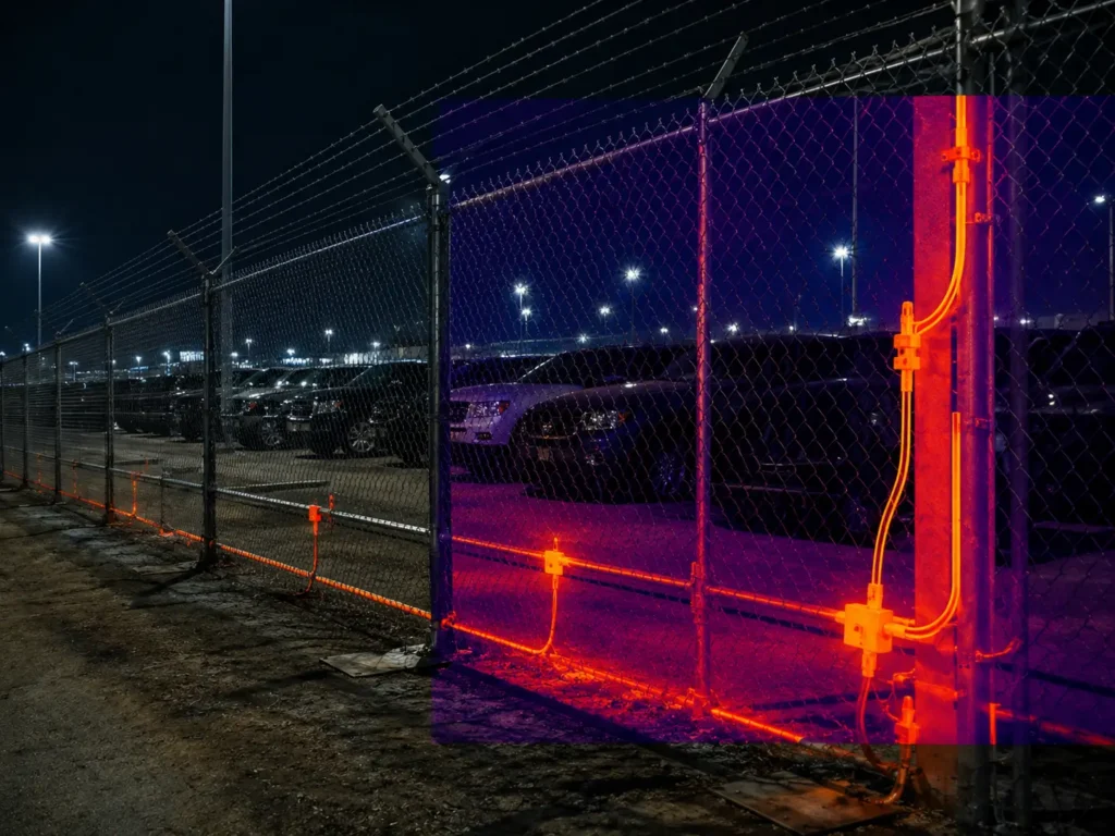 Solar surveillance trailer positioned to cover perimeter and entrances of a dealership auto lot.