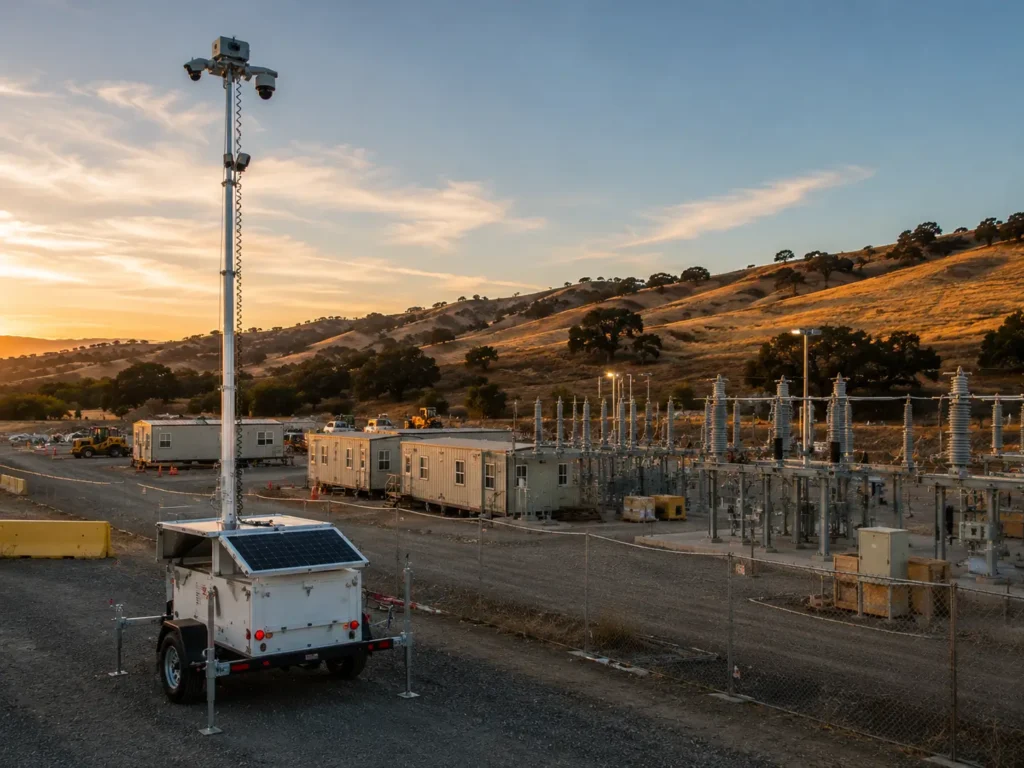 Elevated PTZ cameras on a Hawk surveillance trailer providing night coverage of a car dealership lot.