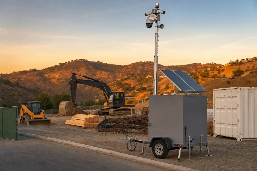 Hawk solar mobile surveillance trailer protecting a California construction jobsite