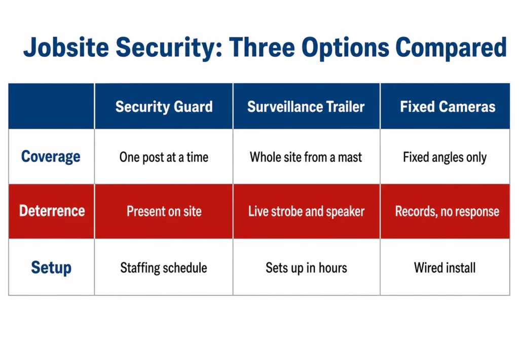 Cost and coverage comparison of a mobile surveillance trailer vs security guards vs fixed cameras