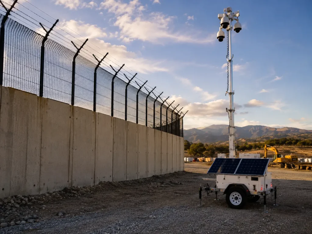 Elevated PTZ camera on a Hawk solar surveillance trailer overlooking a Concord construction site