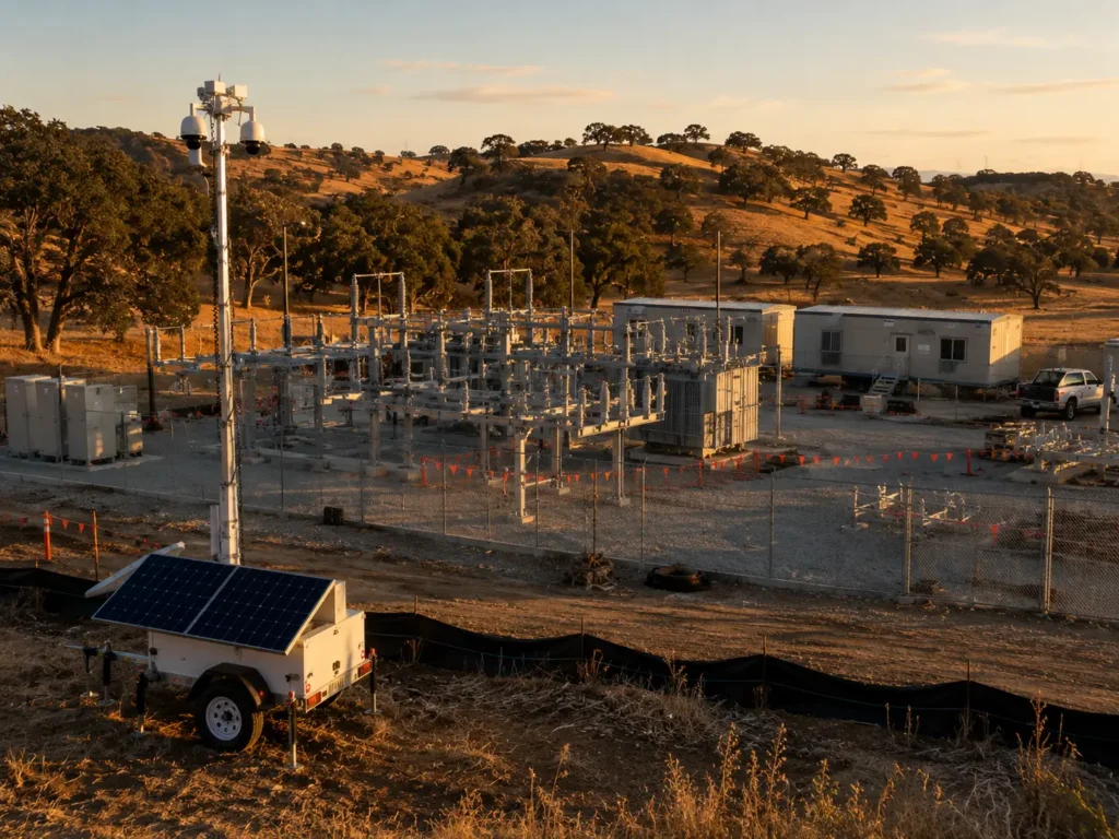 Mobile surveillance trailer monitoring equipment and material staging at a Concord jobsite after hours
