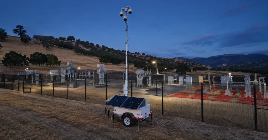 Solar mobile surveillance trailer securing a Concord, California construction jobsite at night.