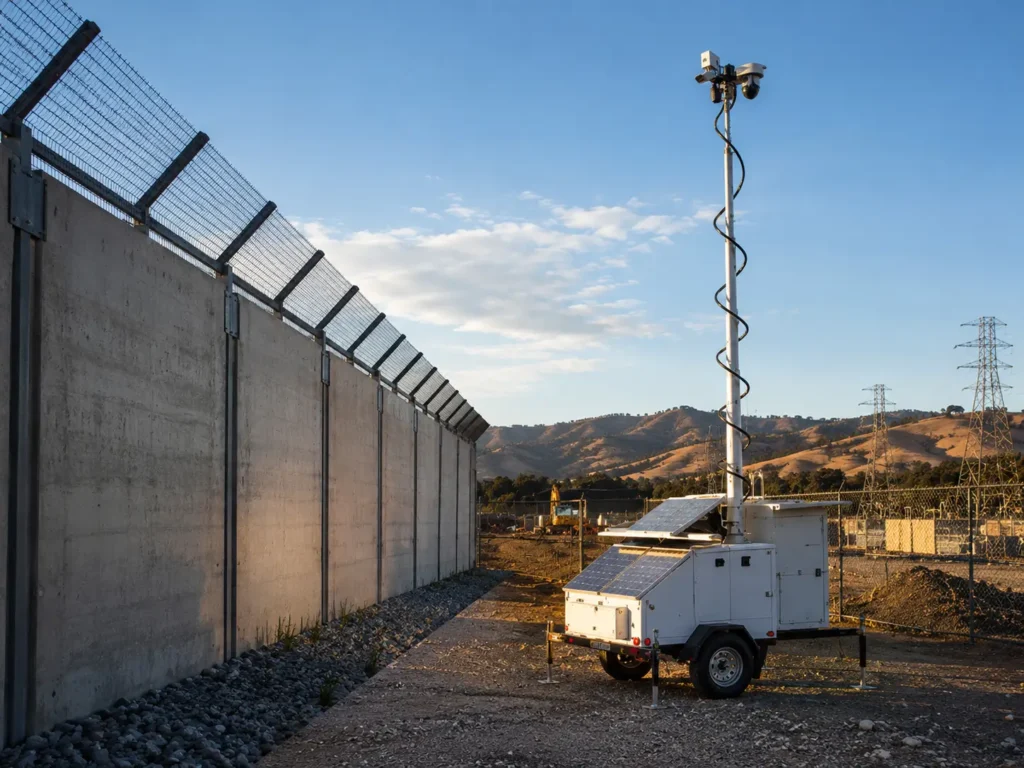 Hawk solar mobile surveillance trailer with an elevated camera mast guarding the perimeter wall and anti-climb fencing at a Fresno construction site.