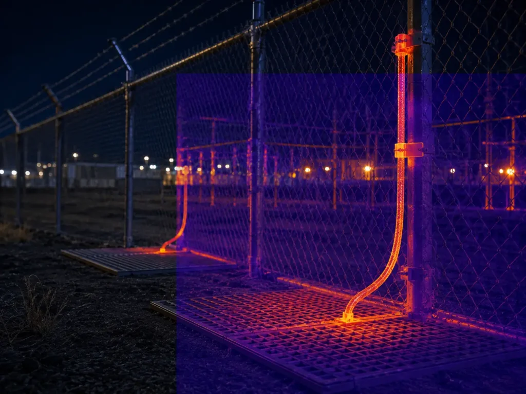 Nighttime perimeter fence at a Fresno jobsite with a thermal detection overlay highlighting an intruder heat signature, showing after-hours surveillance monitoring.