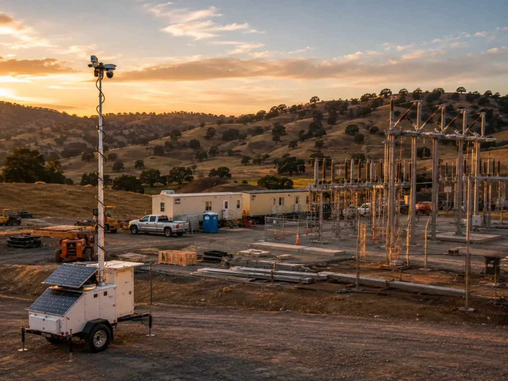 Solar mobile surveillance trailer with a raised camera mast overlooking a Fresno electrical substation construction site at sunset, monitoring equipment yards and staging areas.