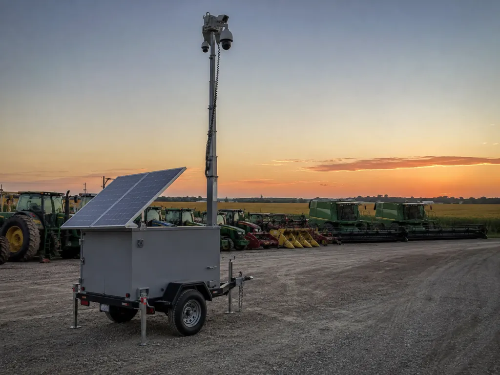 Off-grid solar mobile surveillance trailer securing a Central Valley farm equipment yard at dusk.