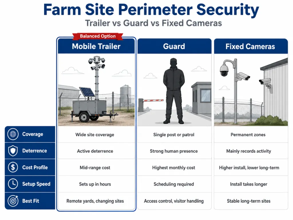 Comparison chart: mobile surveillance trailer vs security guards vs fixed cameras for farm and equipment yard coverage.
