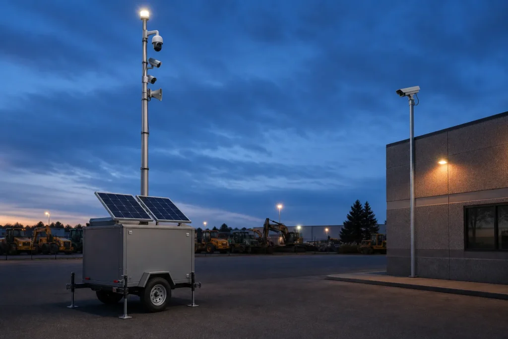 Mobile surveillance trailer with solar panels and elevated camera mast beside a fixed security camera pole at a commercial site at dusk