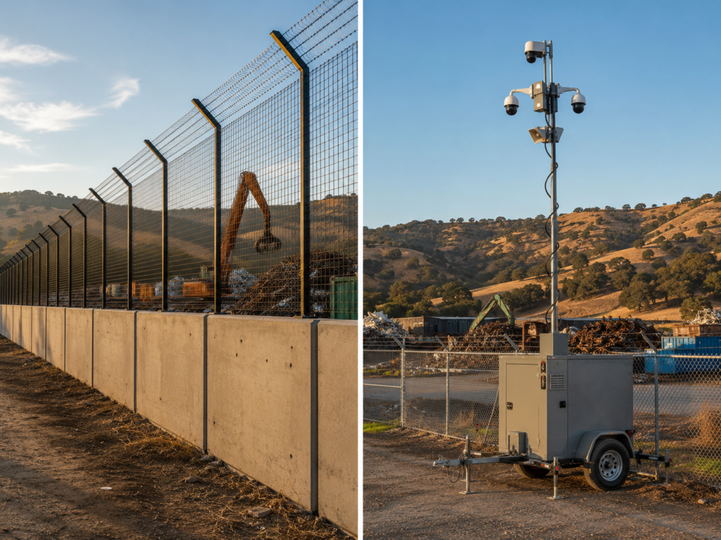 Fixed perimeter wall and fencing next to a mobile surveillance trailer at a Northern California scrap yard, comparing security approaches.