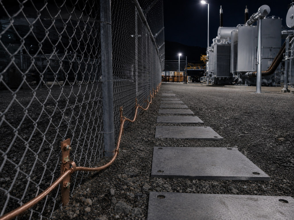 Copper grounding conductors along a scrap yard fence line at night near transformers, a common metal theft target in Northern California.