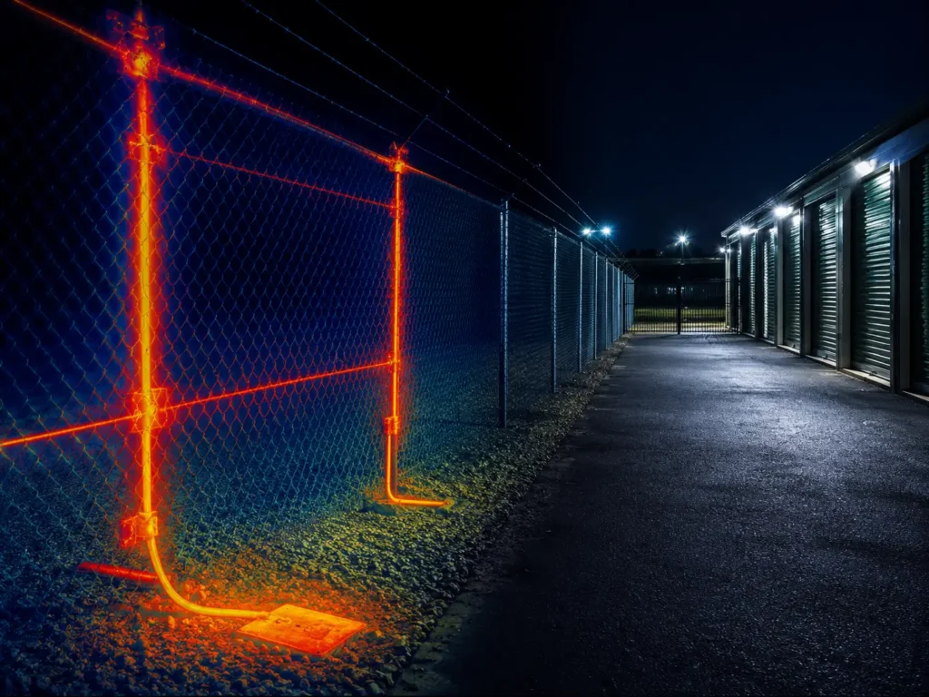 Illuminated perimeter fence and drive aisle between storage unit rows at a California self-storage facility at night.