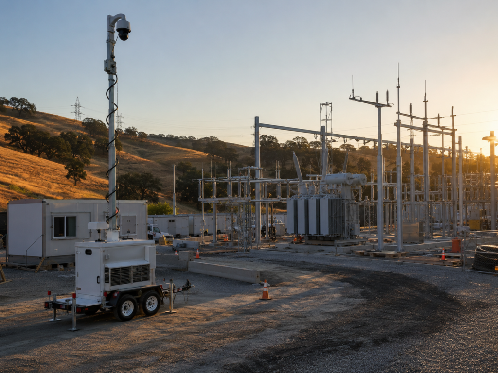 Solar mobile surveillance trailer securing a remote California water and utility site at dusk.