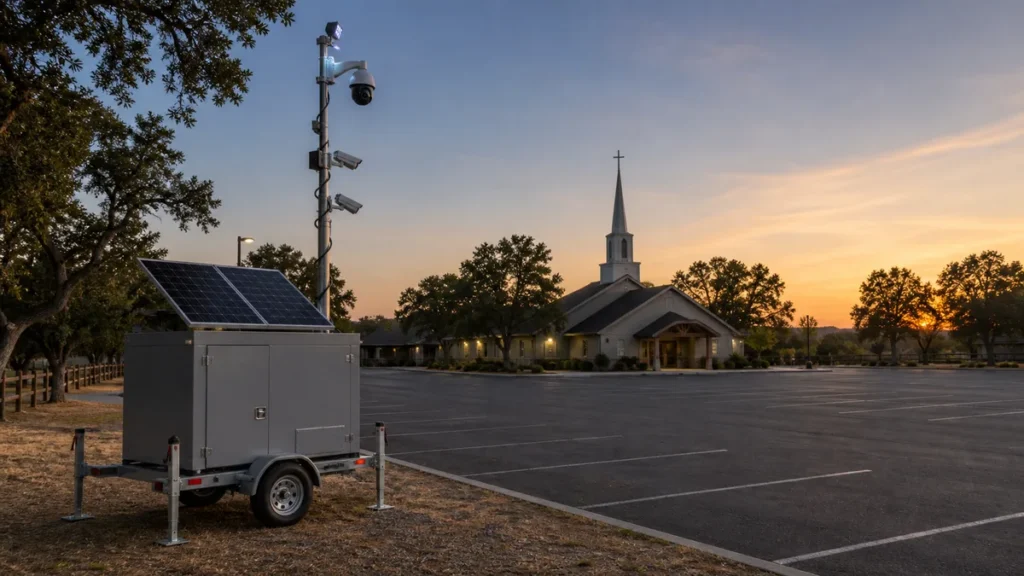 Mobile surveillance trailer with a solar panel and mast camera at the edge of an empty church parking lot at dusk