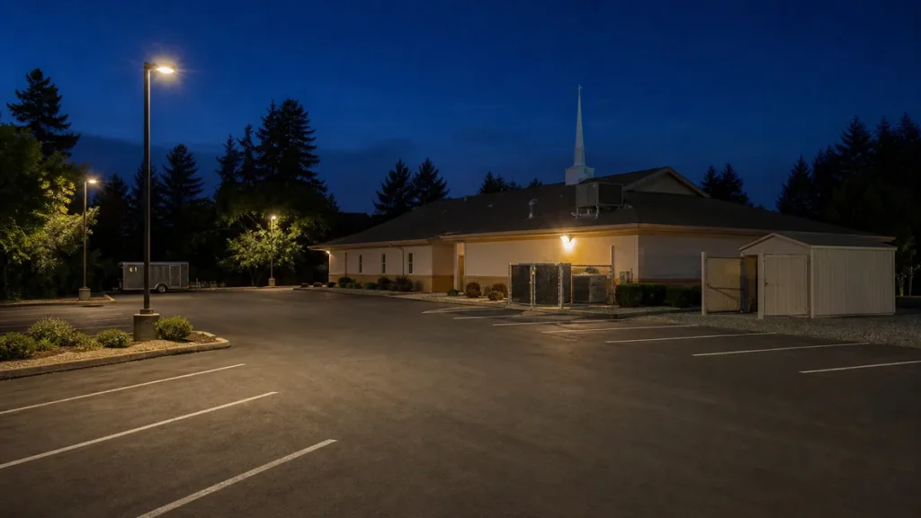Quiet church campus at night showing the empty lot, rooftop HVAC unit and maintenance shed that cameras need to cover