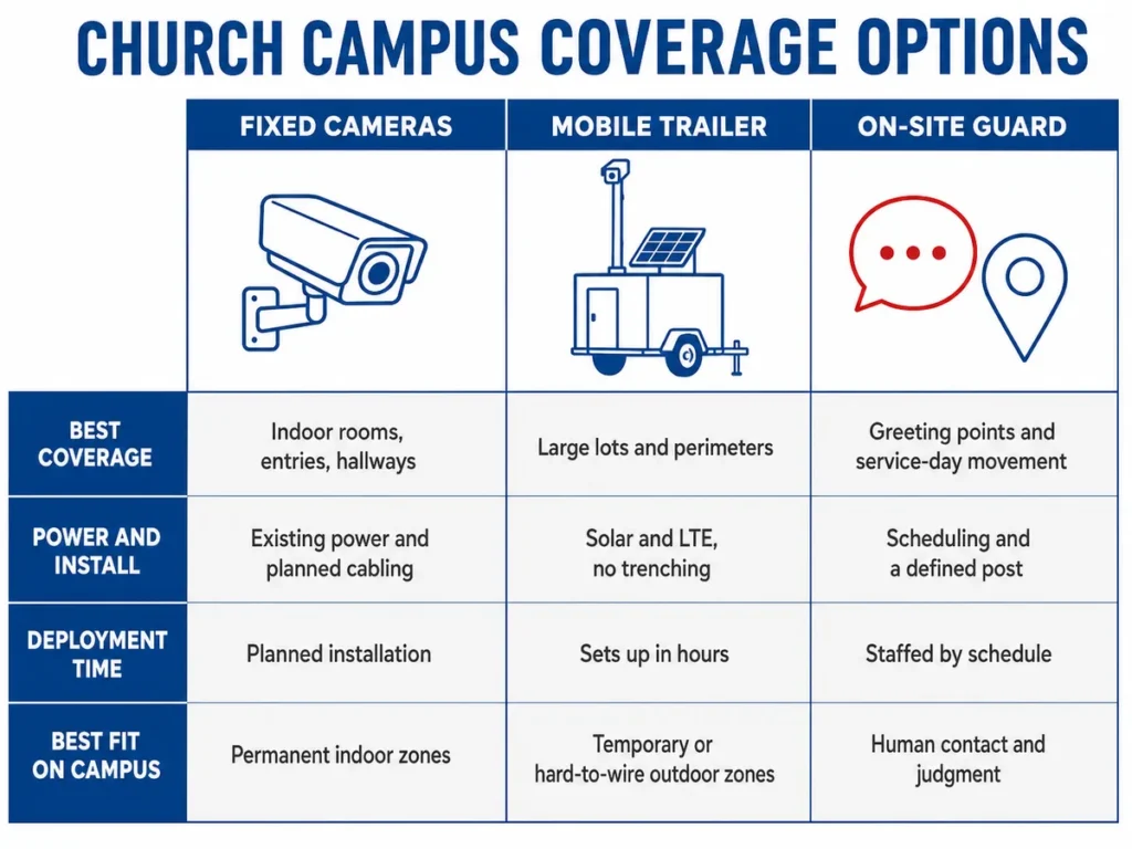 Comparison chart of fixed cameras, a rented mobile trailer and an on-site guard across coverage, power, deployment time and best fit