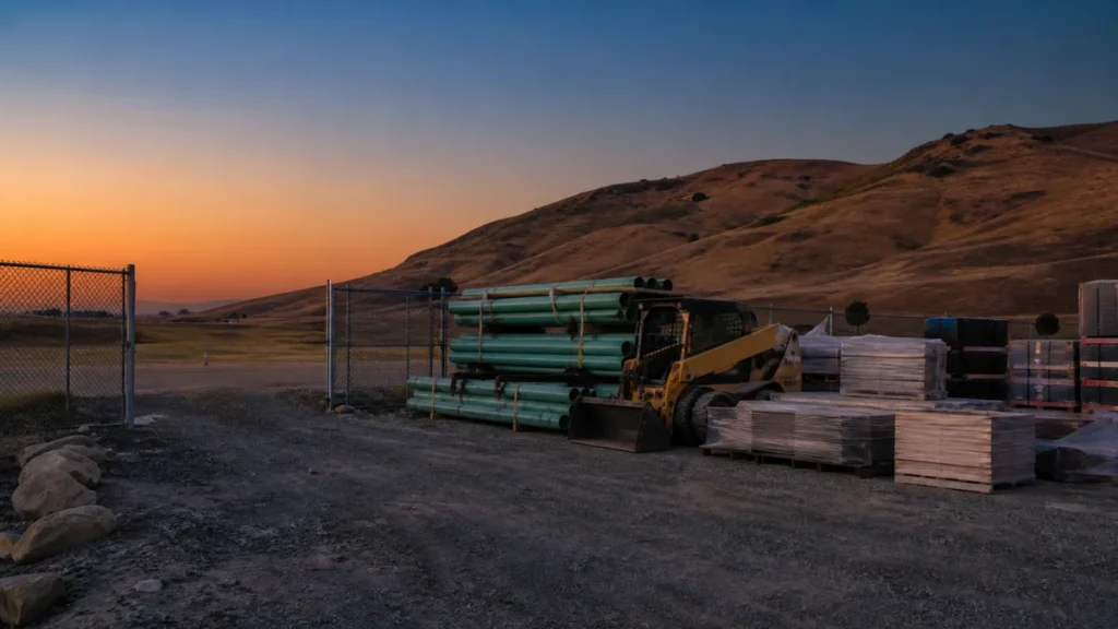 Overnight equipment theft in progress on an unlit commercial construction yard