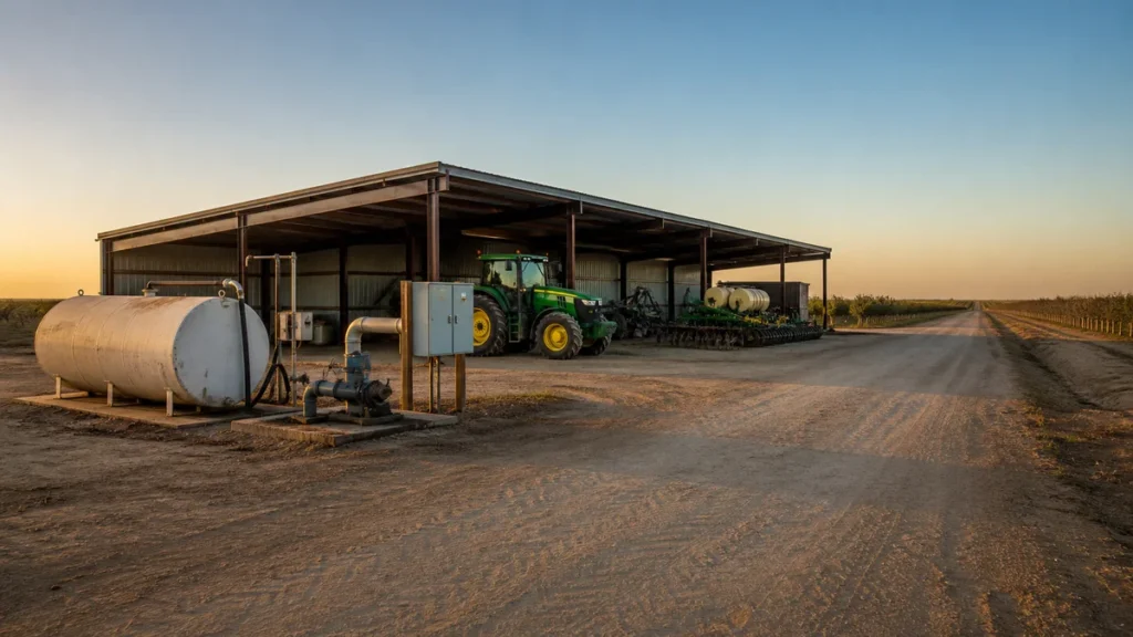 Farm equipment yard at dusk with tractors and fuel tanks under camera coverage