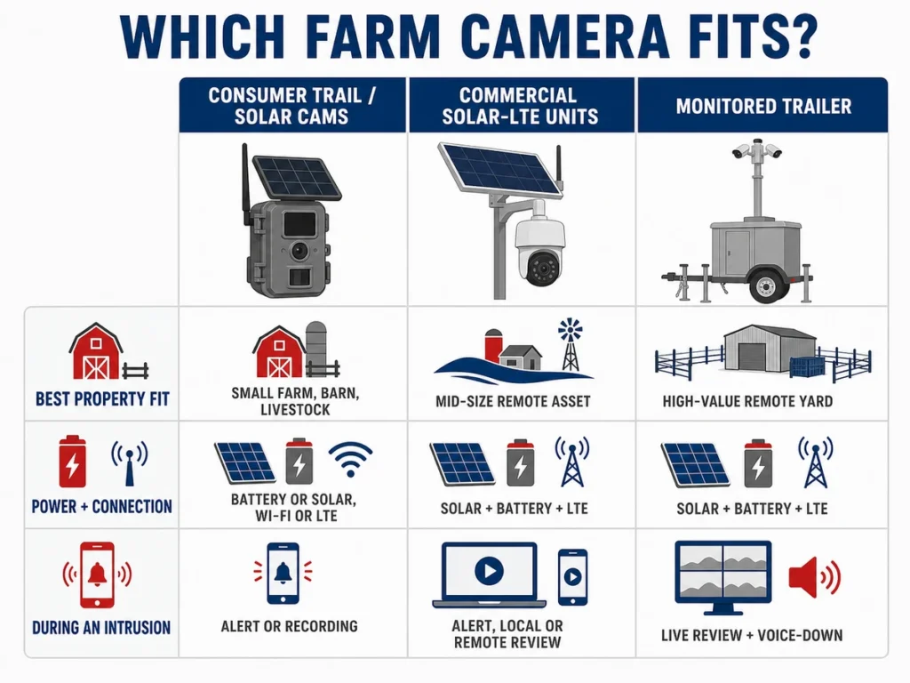 Comparison of farm security camera options: trail cameras, solar cameras, fixed CCTV and monitored trailers