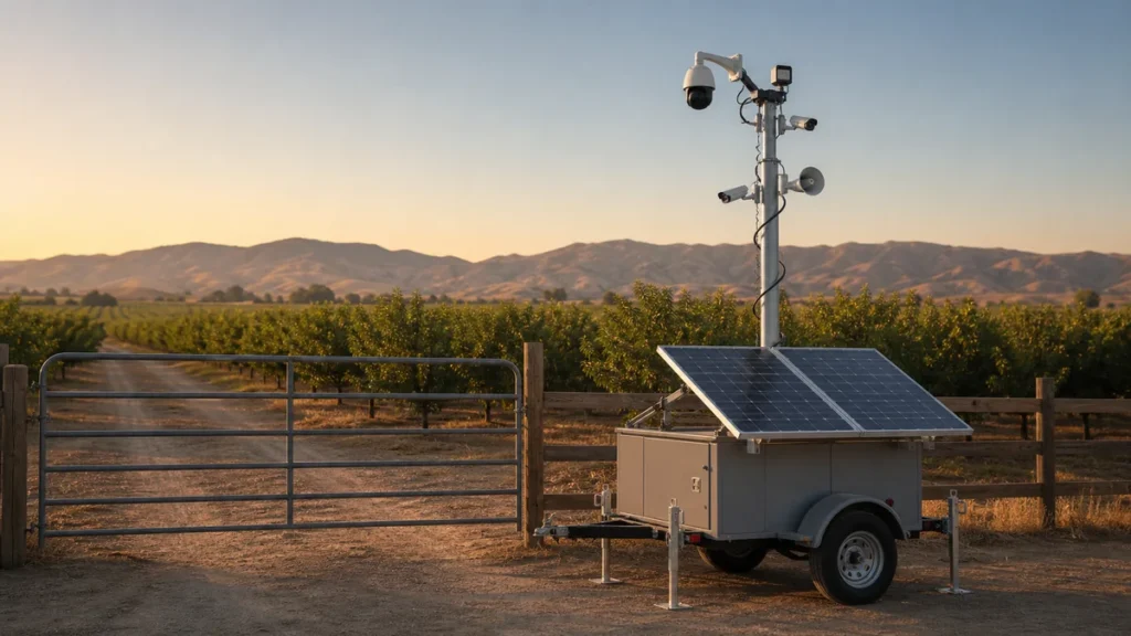 Solar powered mobile surveillance trailer watching a Central Valley ranch gate at dusk