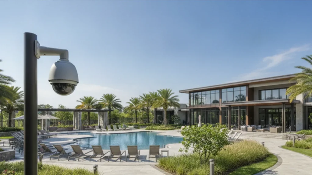 Pole-mounted dome security camera overlooking the pool deck and clubhouse in a residential community common area