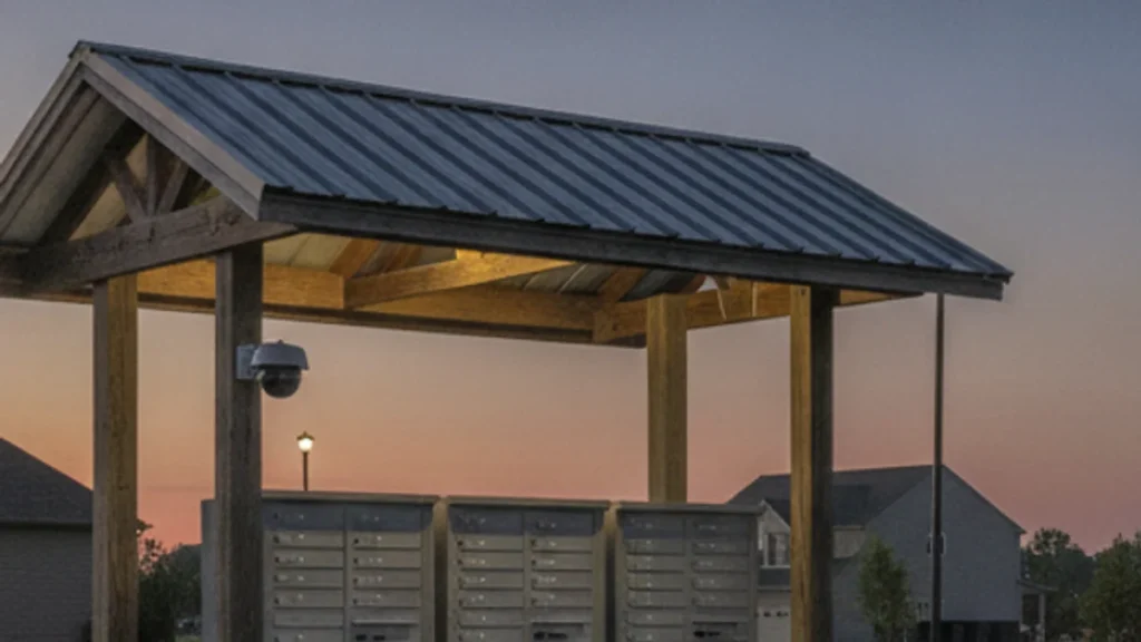 Security camera covering a shared mail kiosk and package lockers in a residential community