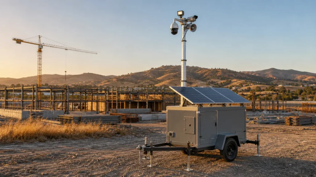 Solar-powered mobile surveillance trailer watching a Northern California construction jobsite