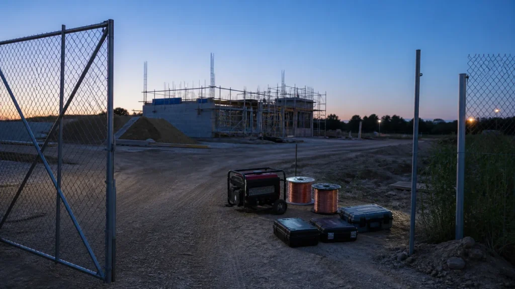 Construction site tools and equipment left unsecured overnight on a jobsite