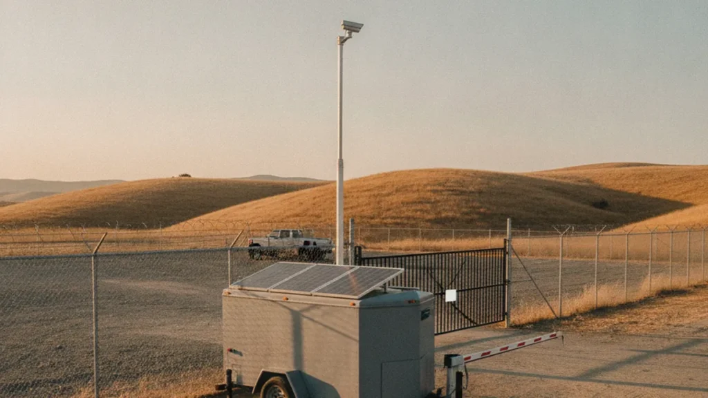 License plate recognition camera mounted on a mobile surveillance trailer at a commercial site entrance