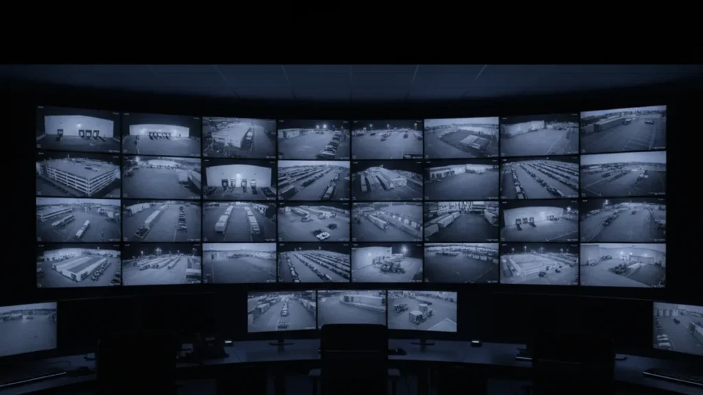 Live video monitoring operations center wall showing real-time camera feeds from commercial sites