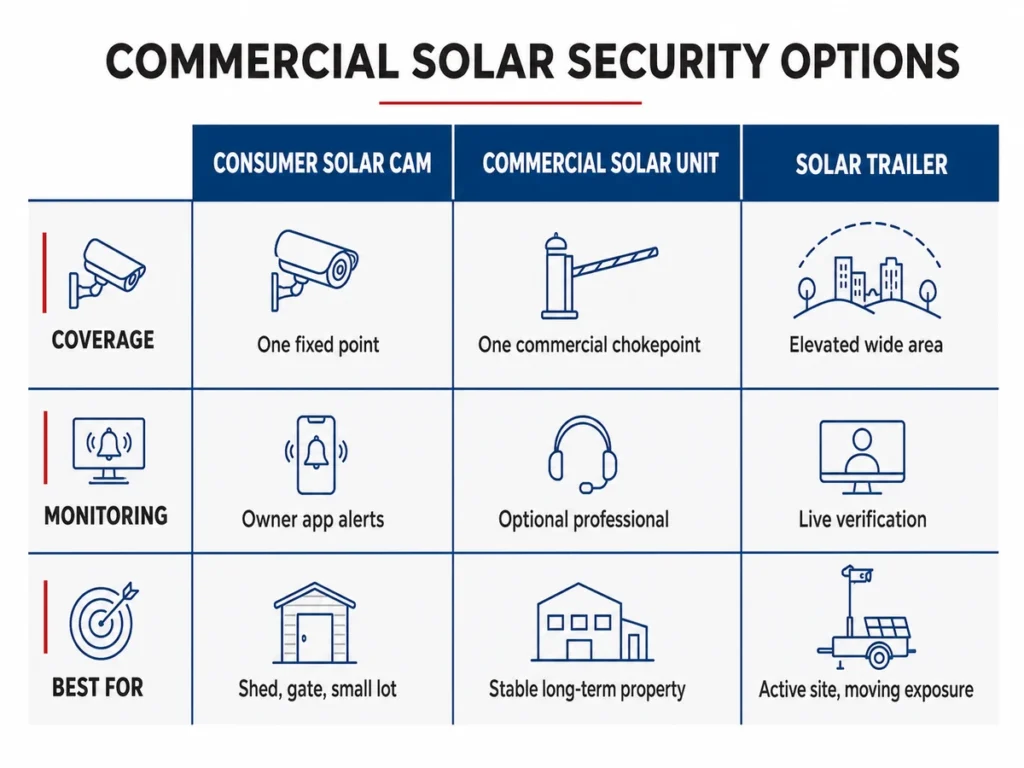 Comparison of consumer solar cameras, fixed commercial solar units, and monitored solar surveillance trailers