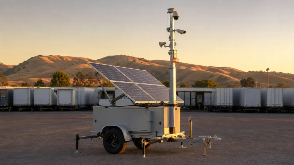 Solar powered mobile surveillance trailer securing a commercial site in Northern California at golden hour
